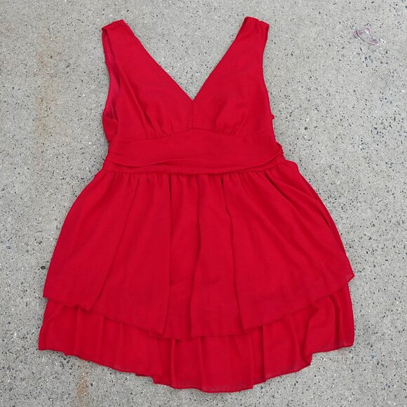 SHEIN Curve 0XL Flowy Red Chiffon Tiered Mini Dress V-Neck Sleeveless - Picture 1 of 7
